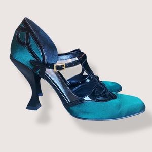 “Memories Deeply” by John Fluevog Green/ Black Silk Heels - 8